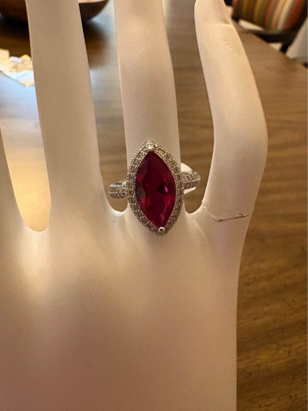 Marquise Cut Red Stone Halo Ring Sterling 925 Moissinite